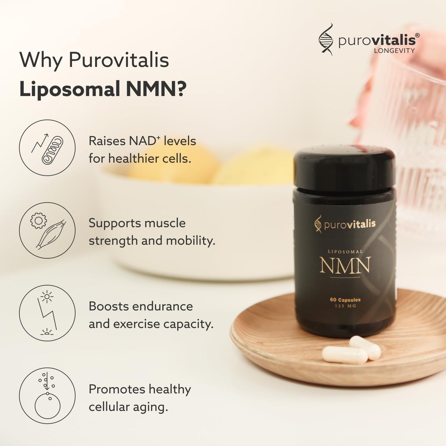 PUROVITALIS Liposomal NMN 250mg - NAD+ Booster for Cellular Health & Energy, 60 Vegan Capsules - görsel 2