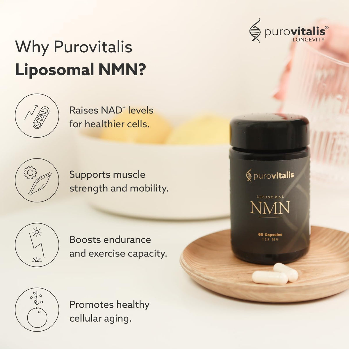 PUROVITALIS Liposomal NMN 250mg - NAD+ Booster for Cellular Health & Energy, 60 Vegan Capsules - görsel 2