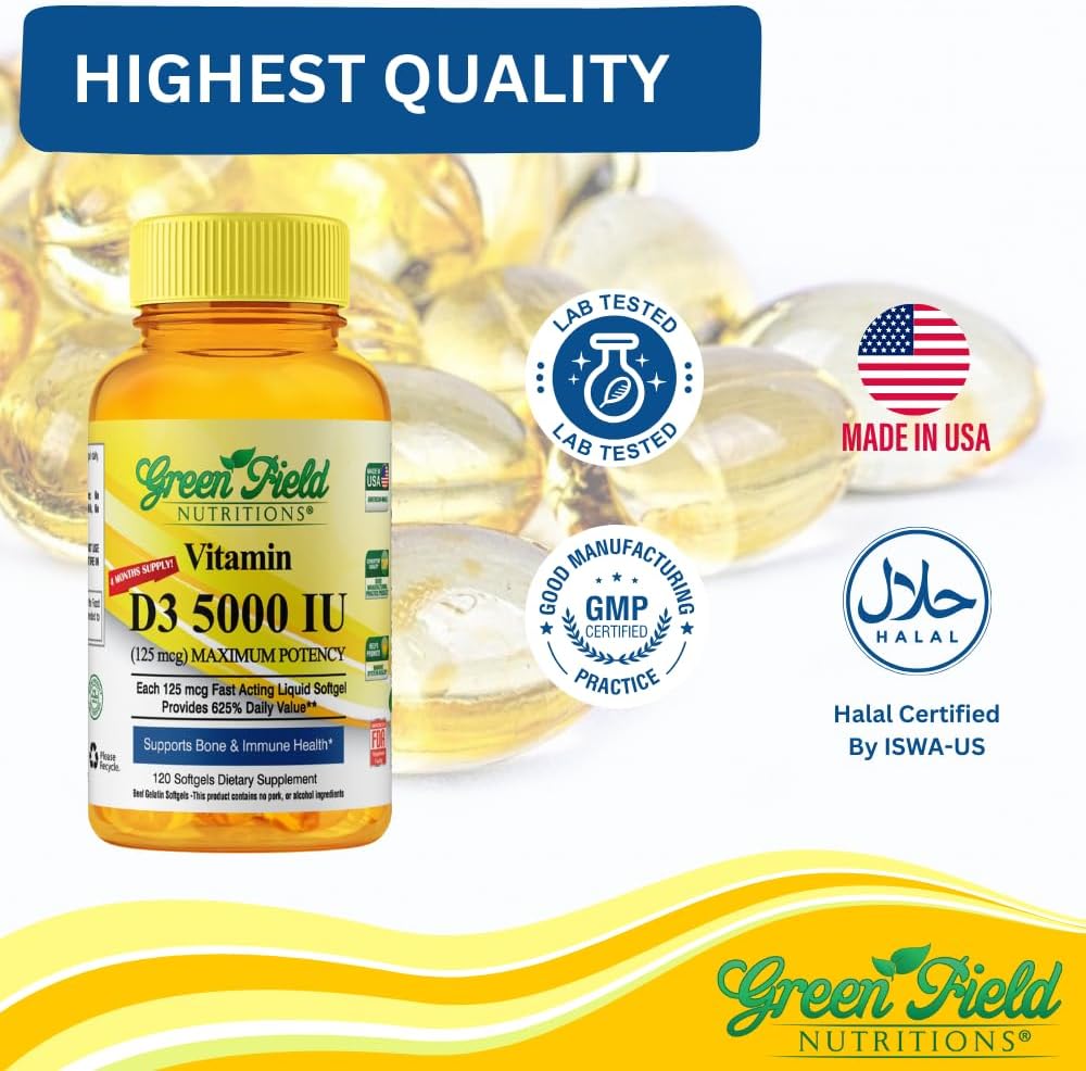 Greenfield Nutritions Halal Vitamin D3 5000 IU (125 mcg) Softgels – 120 Pack - görsel 5