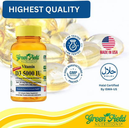 Greenfield Nutritions Halal Vitamin D3 5000 IU (125 mcg) Softgels – 120 Pack