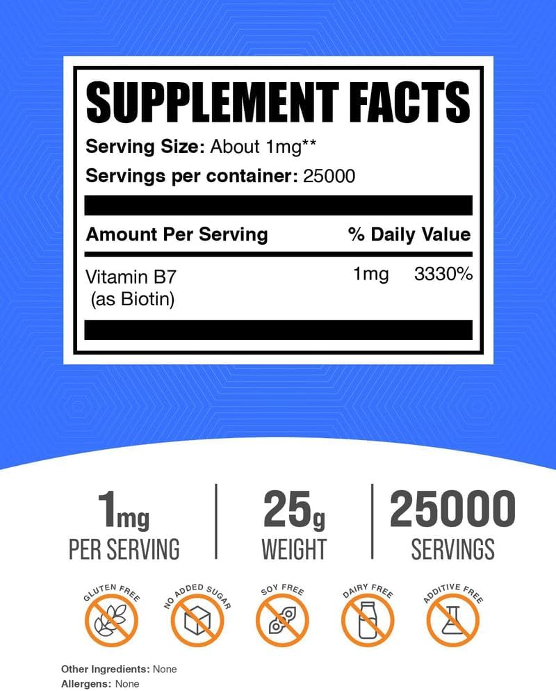 BulkSupplements.com Pure Biotin Powder - Vitamin B7, 1mg per Serving, 25g - görsel 2