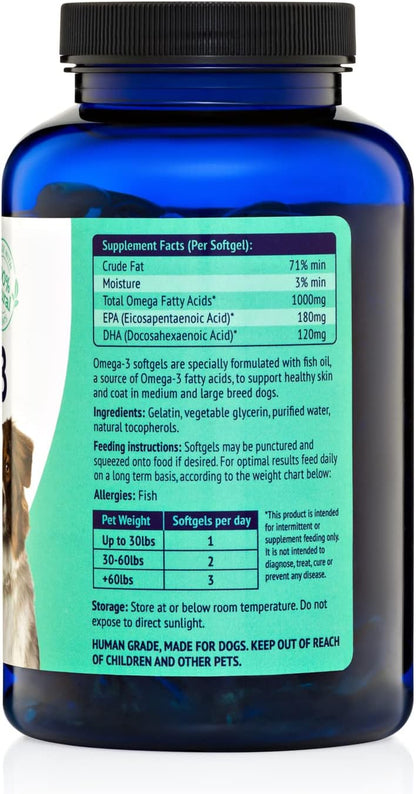 NuLife Natural Pet Health Pure Omega-3 Fish Oil for Dogs, 180 Capsules