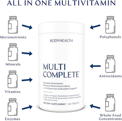 BodyHealth Multi Complete (120 Count) Daily Multivitamin for Men and Women with Whole Foods, Minerals, Antioxidants, Organic Green Food Concentrates, and Liver Detox Extracts, Non-GMO