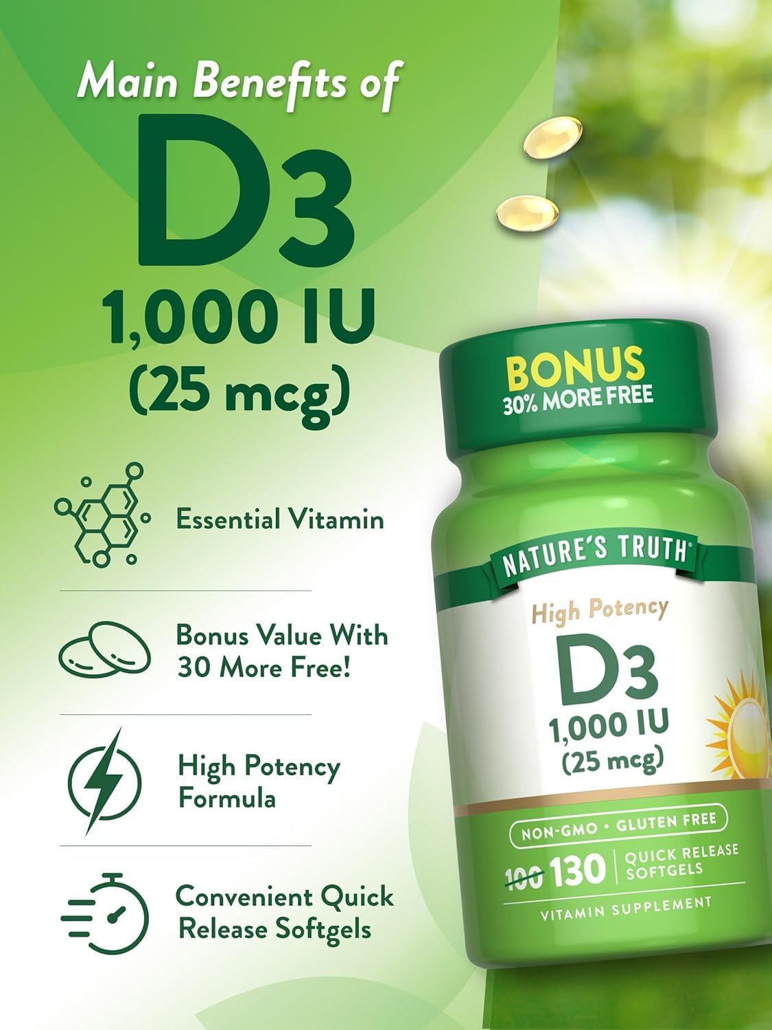 Nature's Truth Vitamin D3 1000 IU, 130 Count (Pack of 3) - görsel 5