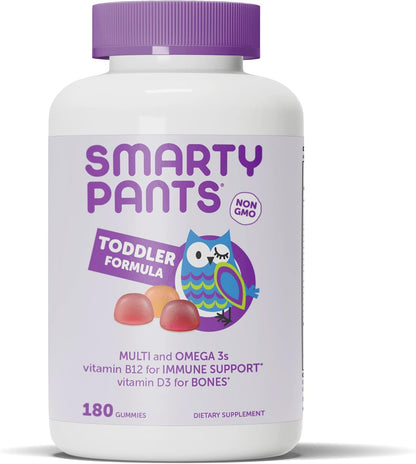 SmartyPants Toddler Multivitamin Gummies – Omega 3 Fish Oil (EPA/DHA), Vitamin D3, C, B12, B6, A, K & Zinc, Biotin, Beta Carotene – Gluten-free – Three Fruit Flavours – 180 Count (60 Day Supply)
