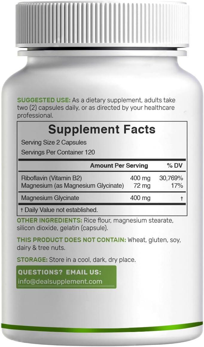 DEAL SUPPLEMENT Vitamin B2 (Riboflavin) 400mg + Magnesium Glycinate 400mg, 240 Capsules - görsel 6