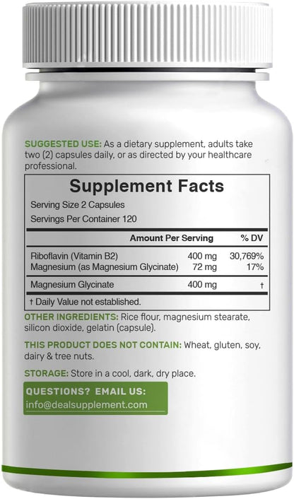 DEAL SUPPLEMENT Vitamin B2 (Riboflavin) 400mg + Magnesium Glycinate 400mg, 240 Capsules