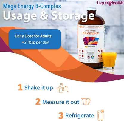 LIQUIDHEALTH Mega Energy Methylated B-Complex, Adult Liquid Vitamin Supplement - Boosts Energy, Relieves Stress and Fatigue, Immune Support, Heart and Gut Health - Made in USA, Vegan, Sugar-Free (3 Pack)