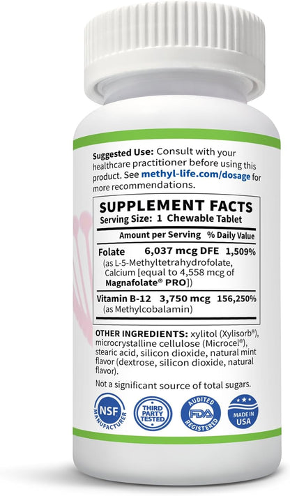 Methyl-Life® B-Methylated Chewable – 3 mg L-Methylfolate + Methyl B12 Sublingual Tablets (Methylcobalamin) | Active Folate & Vitamin B12 | Vegan, Non-GMO, Gluten-Free