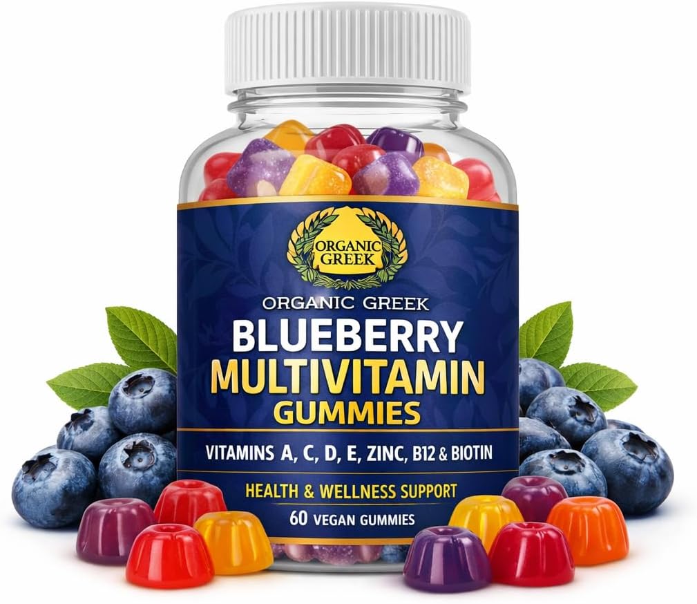 Organic Greek Multivitamin Gummies with Vitamin A, C, D, E, Zinc, B12, Biotin, B6, Iodine, Pantothenic Acid – 13 Vitamins and Minerals, Blueberry Flavour - görsel 2