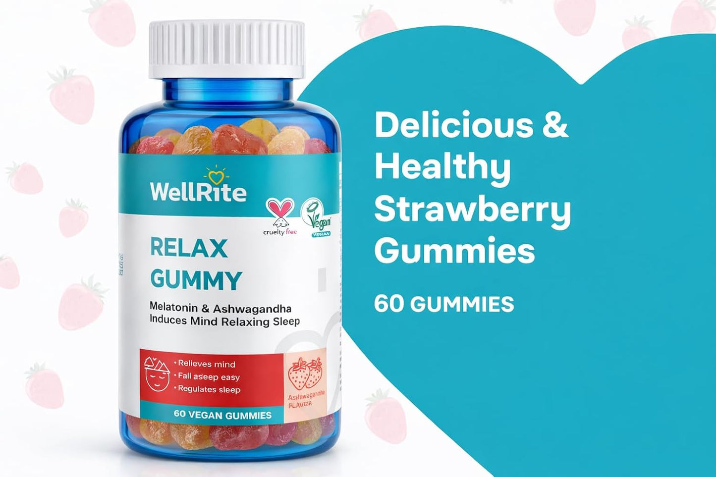 Wellrite Relax Gummy Vitamins with Ashwagandha & Melatonin, 60 Count, Strawberry Flavour - görsel 4