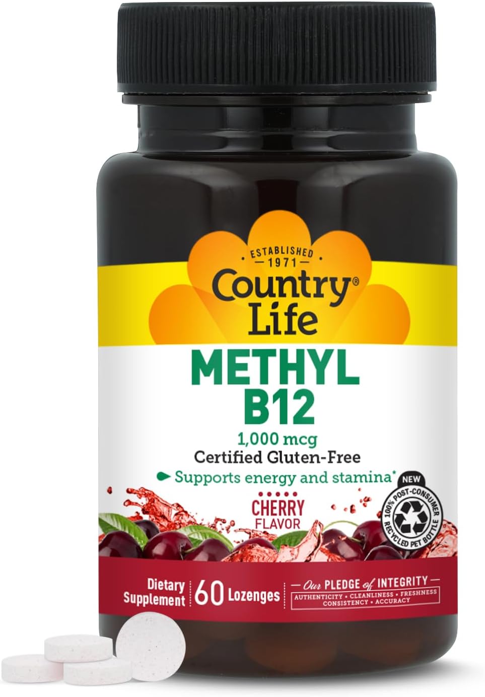 Country Life Methyl B12 1000mcg Lozenges with Vitamin B6 – 60 Lozenges, Vegan, Gluten-Free - görsel 1
