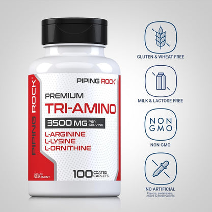 Piping Rock Tri Amino Supplement | 100 Caplets | L-Arginine, L-Ornithine, L-Lysine