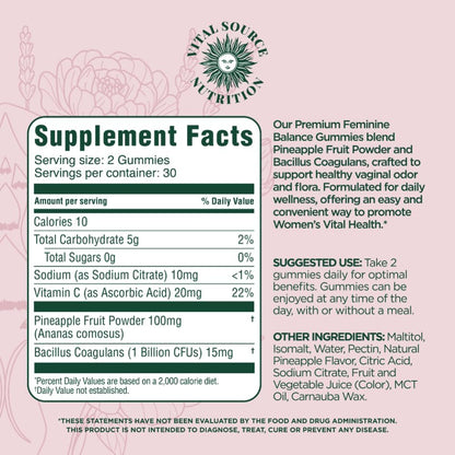 Vital Source Nutrition Vaginal Probiotic Gummies for Women - pH Balance and Immune Defence, Support Healthy Odour and Vaginal Flora - Vegan, Gluten-Free - Pineapple Flavour - 60 Gummies - 30 Servings