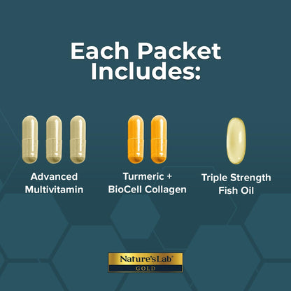 Nature's Lab Daily Vitamin Packs for Men & Women - Multivitamin + Triple Strength Omega-3 Fish Oil + Turmeric Joint Support Gold Ultimate Wellness Pack - 60 Packets