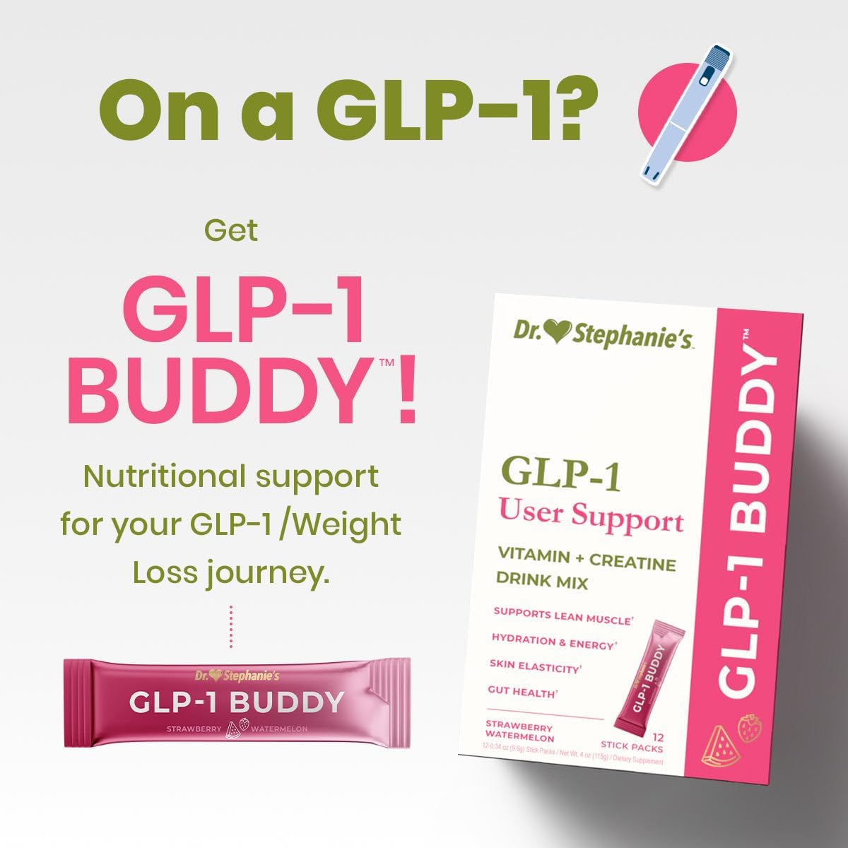 Dr. Stephanie's GLP-1 Buddy - Digestive Support, Lean Muscle Preservation, Vitamin Replenishment - Strawberry Watermelon Drink Mix - görsel 1