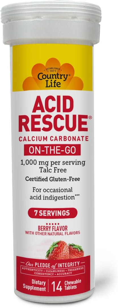 Country Life Acid Rescue On-the-Go Chewable Tablets - Vegan & Gluten-free Heartburn Relief, 400mg Calcium & Magnesium, Non-GMO, Sugar-Free Berry Flavour, 8 Pack
