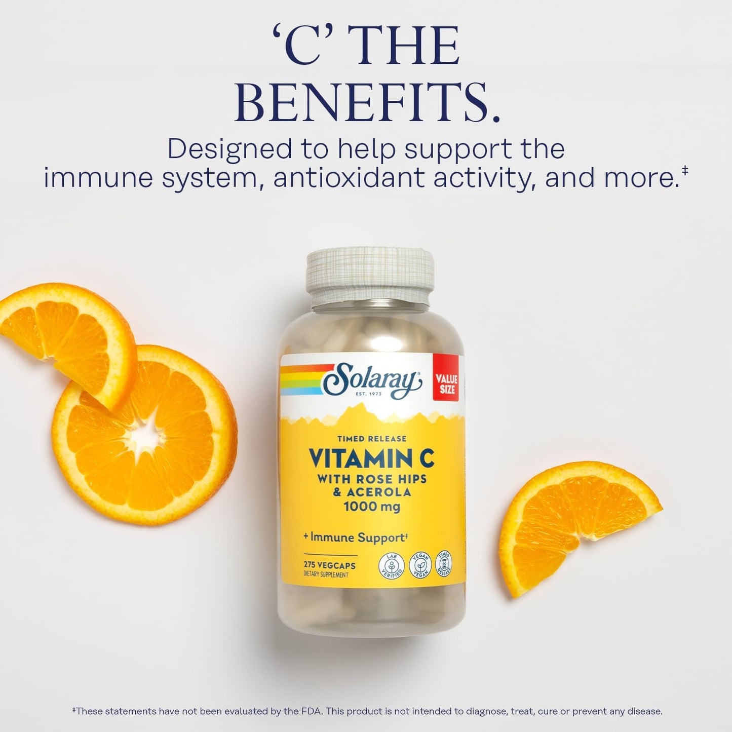 SOLARAY Vitamin C 1000mg - Time Release Vitamin C Capsules with Rose Hips and Acerola - Vegan, 275 VegCaps - görsel 3