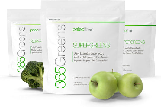 365Greens Daily Essential Premium Superfood with 75 Minerals, Vitamins, Vegetables, Fruits and Adaptogens - 210 g (7.4 oz) per Tub, 3 Pack