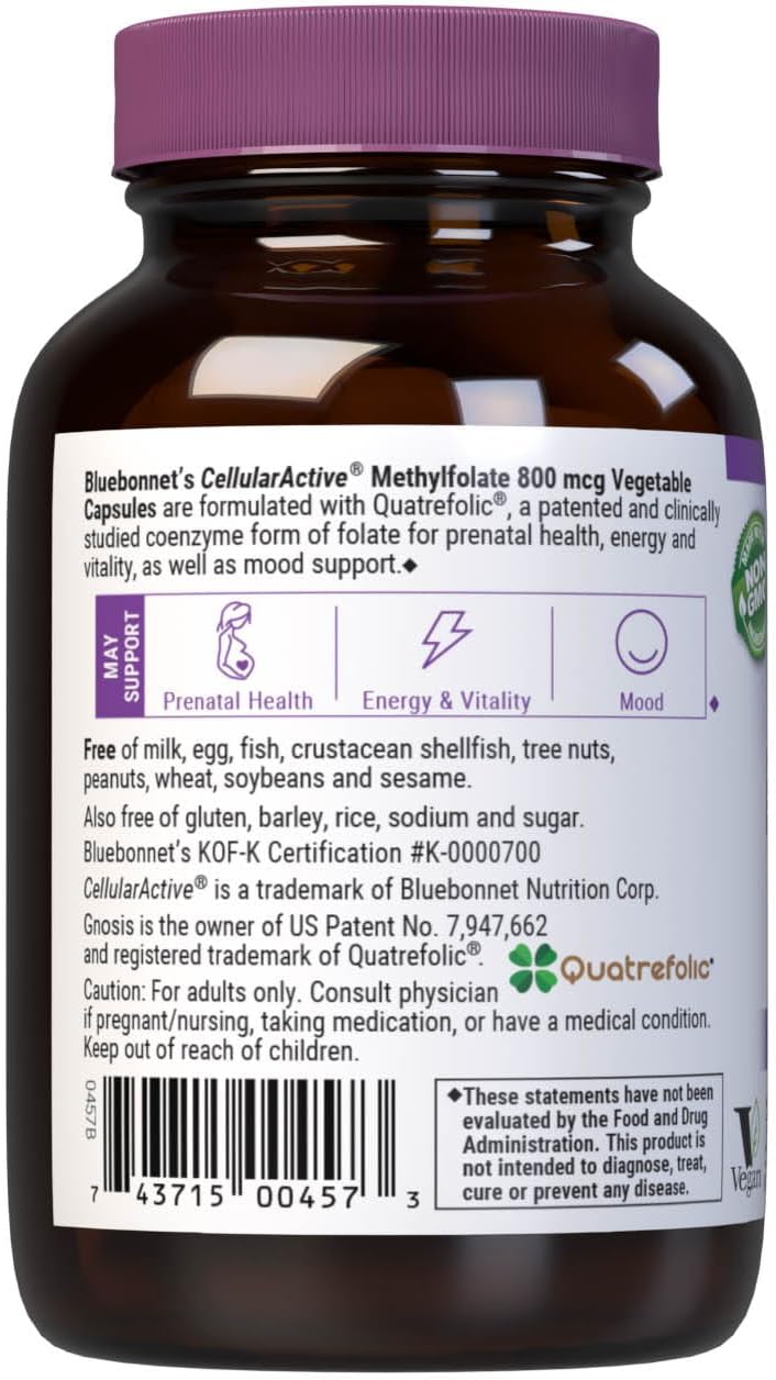 BlueBonnet Nutrition CellularActive Methylfolate 800 mcg – Formulated with Quatrefolic - for Energy, Mood, and Prenatal Health - Vegan, Gluten-Free, Non-GMO, and Kosher – 60 Capsules – 60 Servings - görsel 3