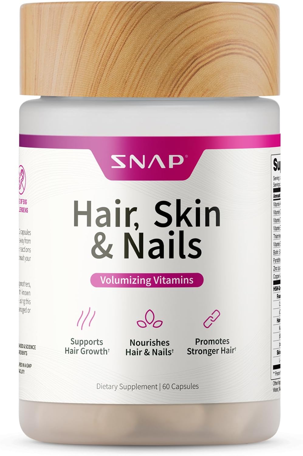 Snap Supplements Hair, Skin and Nails Vitamins with Biotin, Collagen, Kelp & Bamboo, 60 Capsules - görsel 1