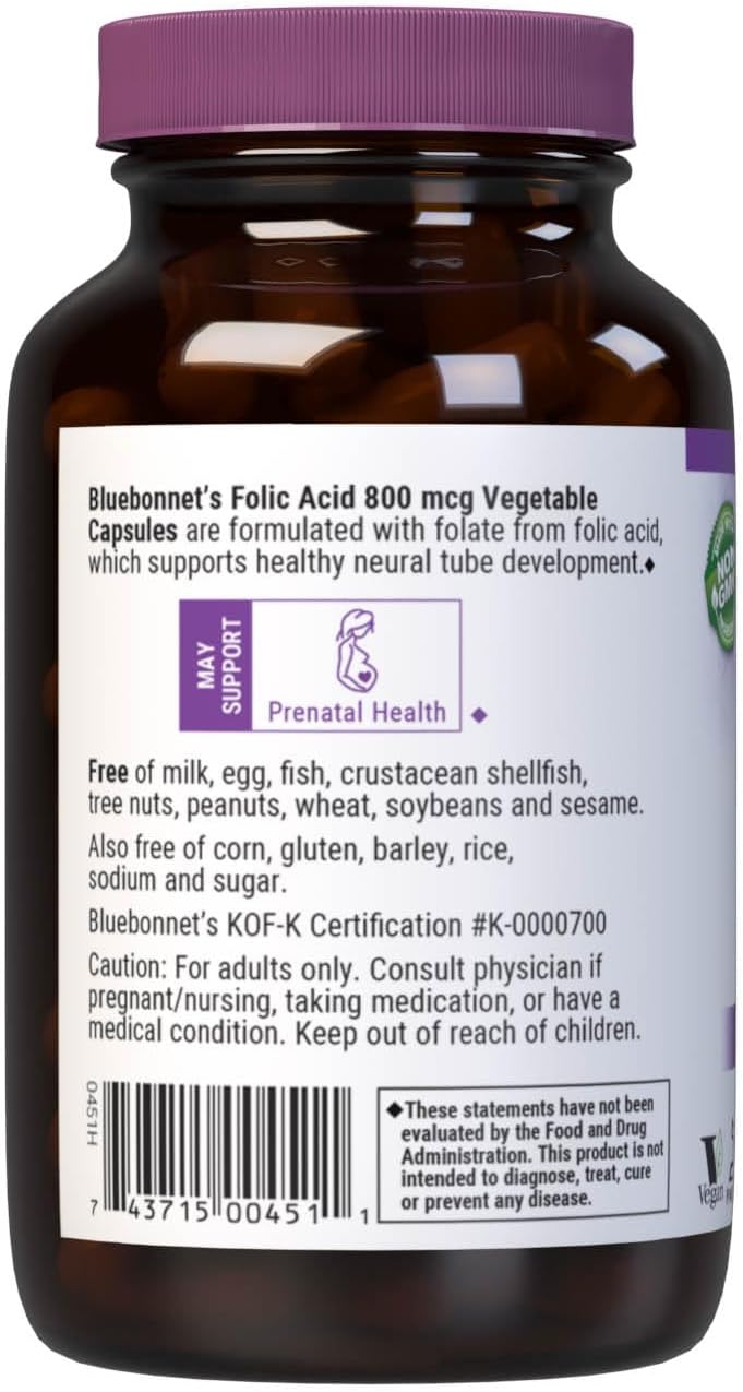 Bluebonnet Nutrition Folic Acid 800mcg, Vegan, Non-GMO, 180 Capsules - görsel 3