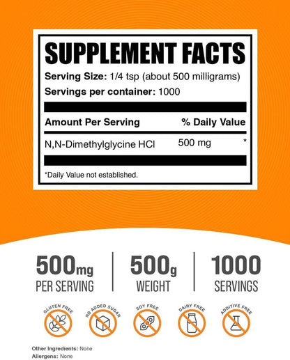 BulkSupplements.com DMG Powder - as N,N-Dimethylglycine HCl, DMG Supplement - Gluten-free, 500mg per Serving, 500g (Pack of 1)