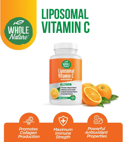 Whole Nature Liposomal Vitamin C 1200mg - High Absorption Vegan Capsules with Sunflower Lecithin - 180 Capsules