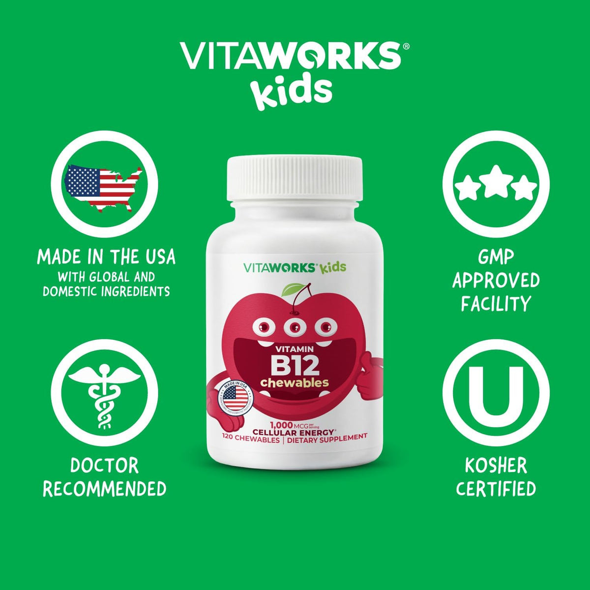 VitaWorks Vitamin B12 for Children 1000 mcg Chewable Tablets - Cherry, Vegan, 120 Count - görsel 6