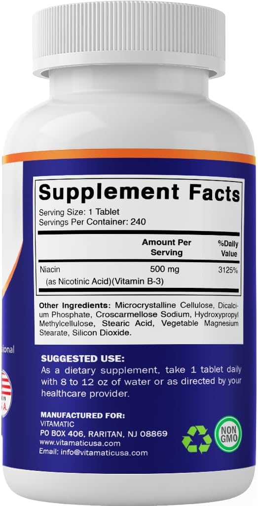 Vitamatic Niacin (Vitamin B3) 500mg, 240 Tablets - Sustained Release, Non-GMO & Gluten-free - görsel 8