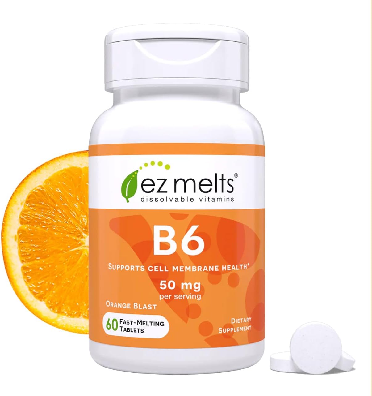 EZ Melts Vitamin B6 – Nervous System & Heart Health – Orange Blast – 60 Dissolvable Tablets - görsel 1