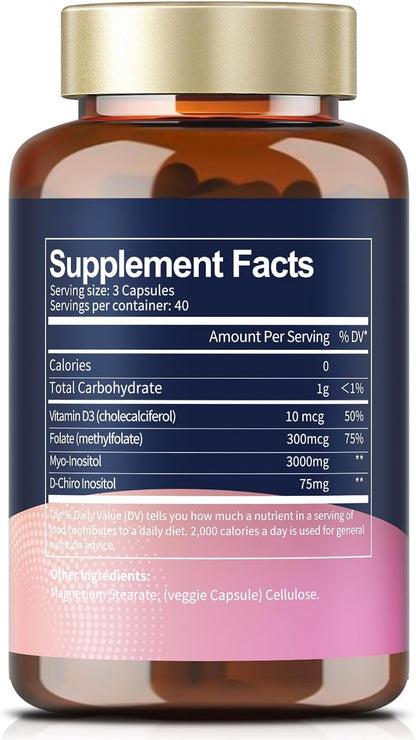 Totaria Inositol Food Supplement for Women with Vitamin D3 and Folate - 40:1 Ratio Myo-Inositol and D-Chiro Inositol Complex - Vitamin B8 Capsules (Pack of 2)