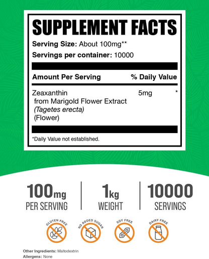 BulkSupplements.com Zeaxanthin Powder - Zeaxanthin Supplement from Marigold Flower Extract - Gluten-free, 100mg (Zeaxanthin 5mg) per Serving, 1kg
