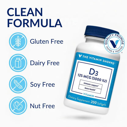 The Vitamin Shoppe Vitamin D3 5000 IU Supplement, Bone, Immune and Cellular Health Support for Men and Women, Gluten-free, Dairy-free, 200 Soft Capsules