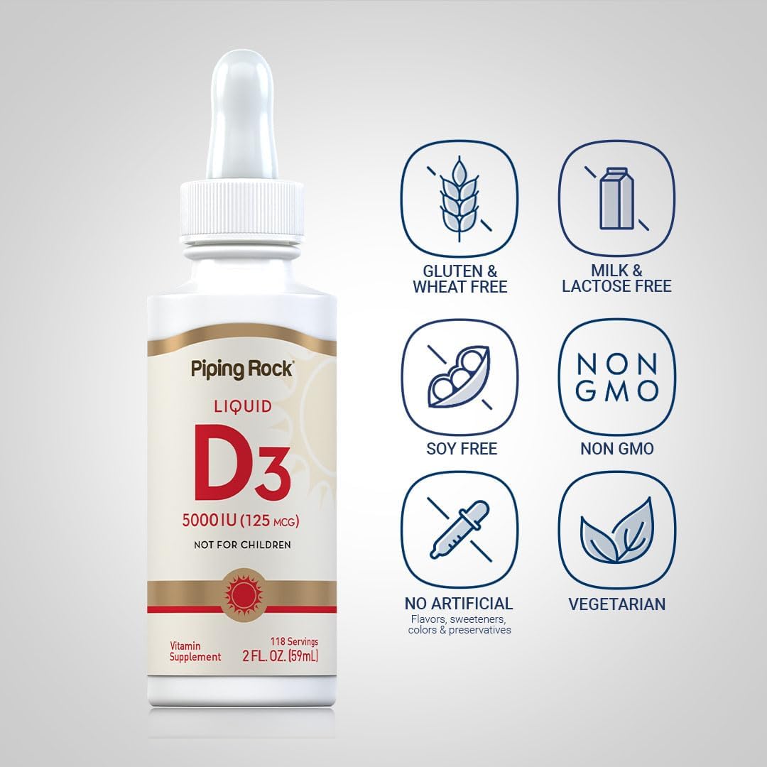 Vitamin D3 Liquid 5000 IU - Non-GMO, Gluten-free Liquid Drops by Piping Rock - görsel 3