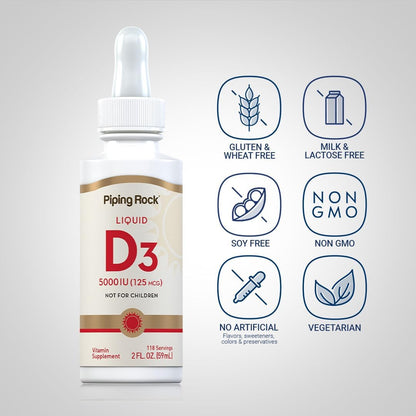 Vitamin D3 Liquid 5000 IU - Non-GMO, Gluten-free Liquid Drops by Piping Rock