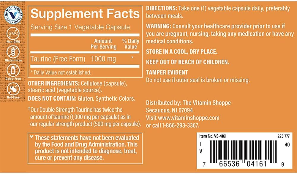 The Vitamin Shoppe Double Strength Taurine – Cardiovascular & Nervous System Support, 100 Capsules - görsel 2