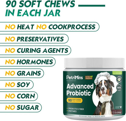 PetriMins Advanced Probiotic for Dogs, Digestive and Immune Support, 90 Chews, Chicken Flavour