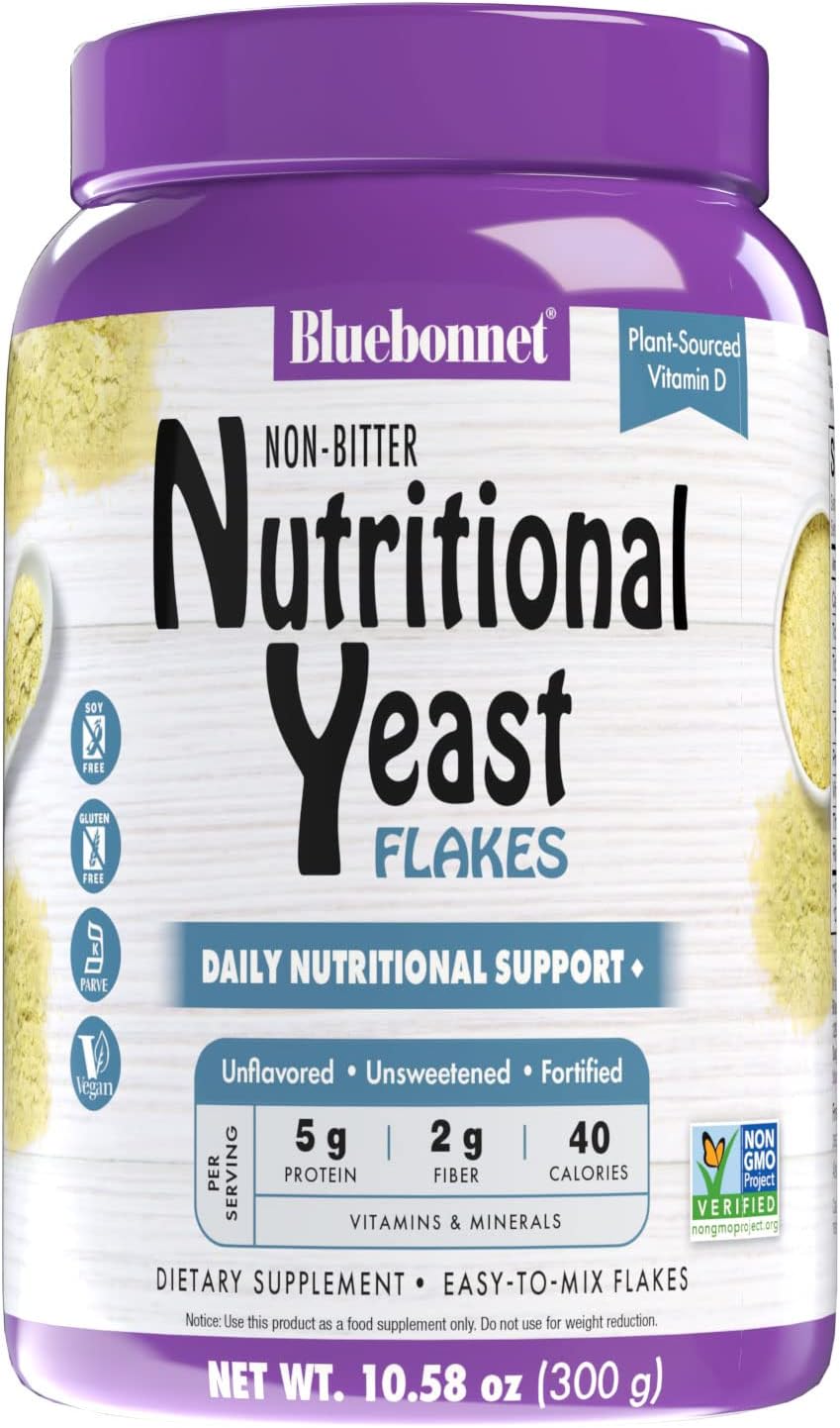 BlueBonnet Nutrition Non-Bitter Nutritional Yeast Flakes – Plant-Based Protein, B Vitamins & Vitamin D – Non-GM, Vegan, Kosher, Gluten-Free, Soya-Free – 300 g (30 Servings) - görsel 1