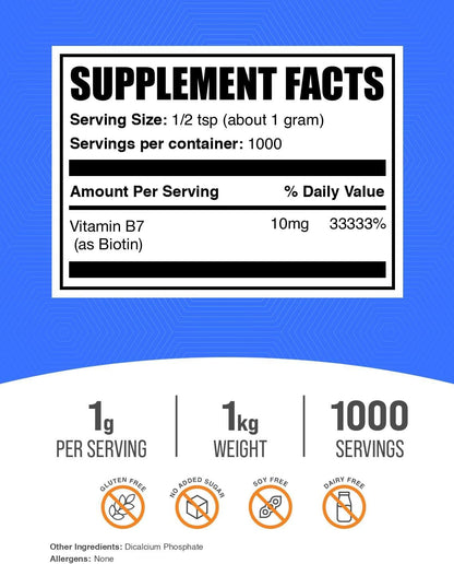 BulkSupplements Biotin 10000mcg Powder - Vitamin B7 for Hair, Skin and Nails - 1kg