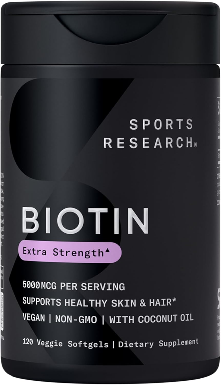 Sports Research® Biotin 5000mcg with Organic Coconut Oil - Vegan, Non-GMO, 120 Softgels - görsel 1