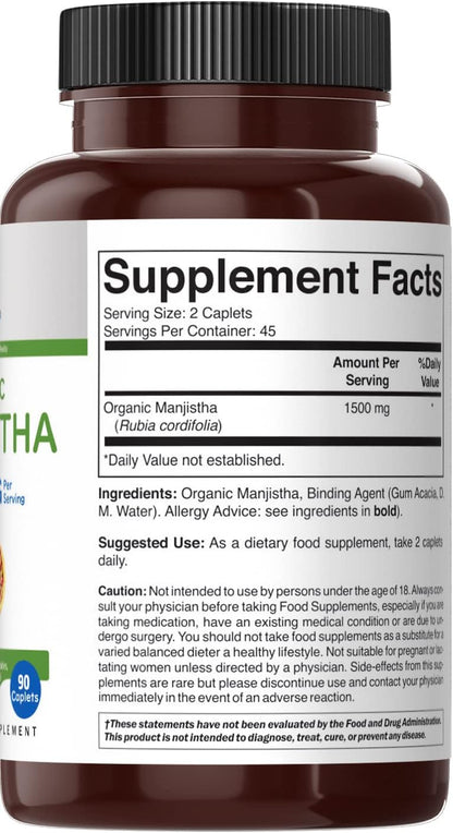 Brieofood Organic Manjistha 1500mg - 90 Vegetarian Tablets