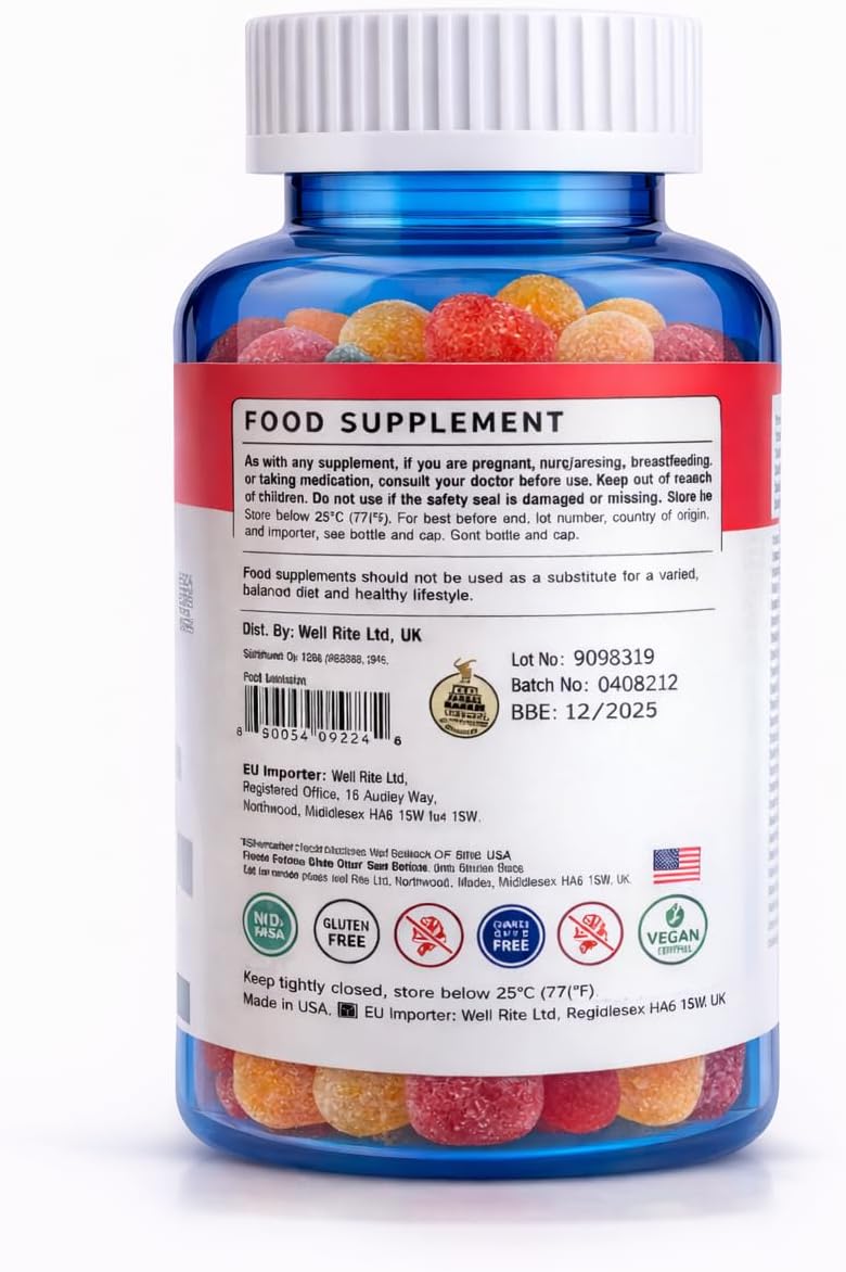 Wellrite Hair, Skin & Nail Gummy Vitamins - Strawberry Flavoured - 60 Count - Vegan & Gluten-free - görsel 3
