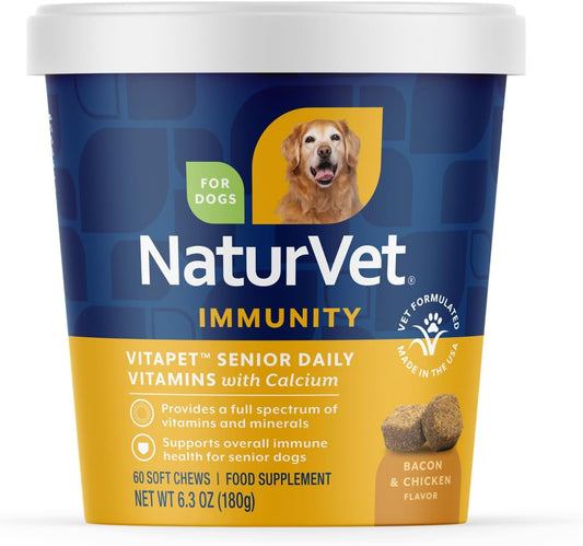 NaturVet VitaPet Senior Daily Vitamins Plus Glucosamine for Dogs, 60 ct Soft Chews, Made in the USA with Globally Sourced Ingredients