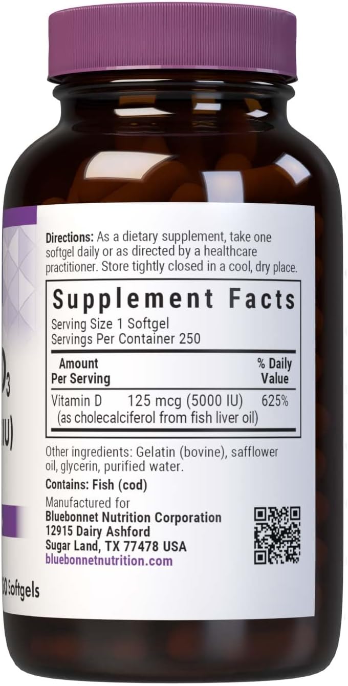 Bluebonnet Nutrition Vitamin D3 5000 IU Softgels – Non-GMO, Gluten-Free, Soya-Free, 250 Softgels - görsel 2