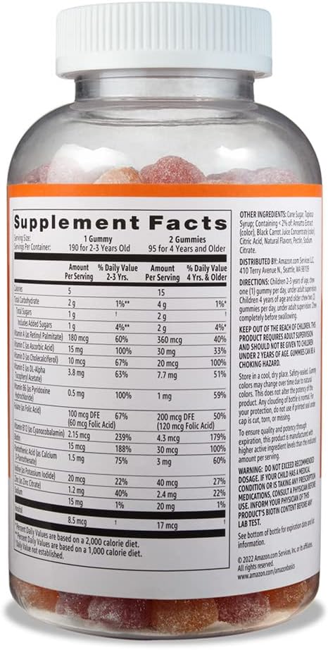 Amazon Basics Children's Multivitamin Gummies, Cherry, Strawberry & Orange Flavours, 190 Count - görsel 2