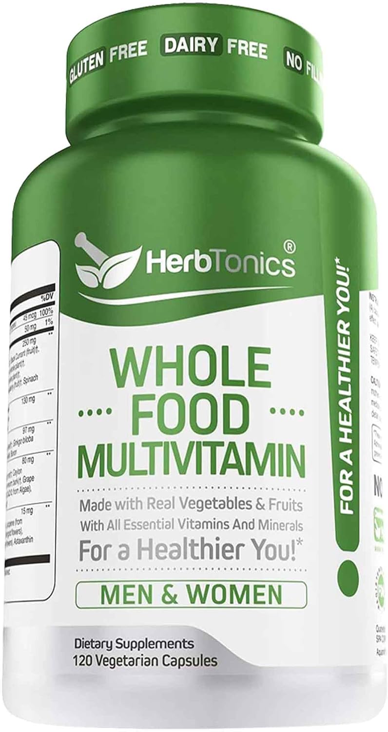 Herbtonics Whole Food Multivitamin for Men and Women – Vegan Multivitamin with Real Fruits & Veggies, Probiotics, CoQ10, Turmeric & More – 120 Capsules - görsel 1
