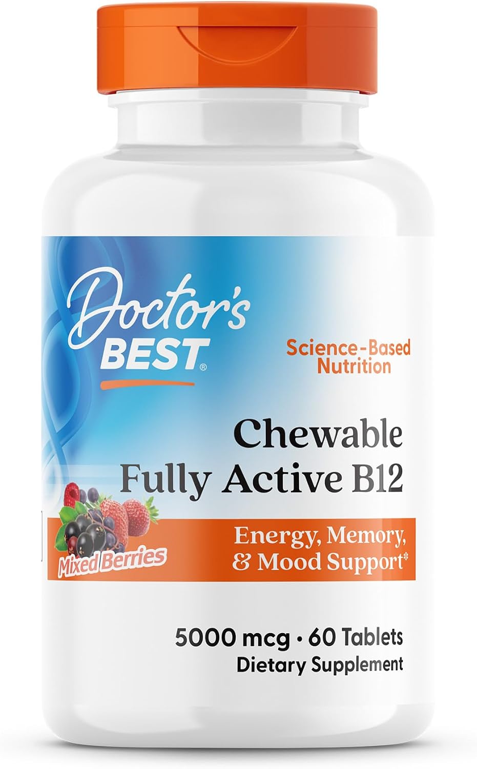 Doctor's Best Chewable Vitamin B12 Methylcobalamin - 5000 mcg, Vegan, Gluten-free, Non GMO, Mixed Berries Flavour - 60 Chewable Tablets - görsel 1