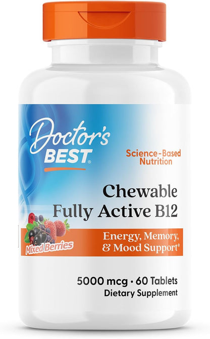 Doctor's Best Chewable Vitamin B12 Methylcobalamin - 5000 mcg, Vegan, Gluten-free, Non GMO, Mixed Berries Flavour - 60 Chewable Tablets