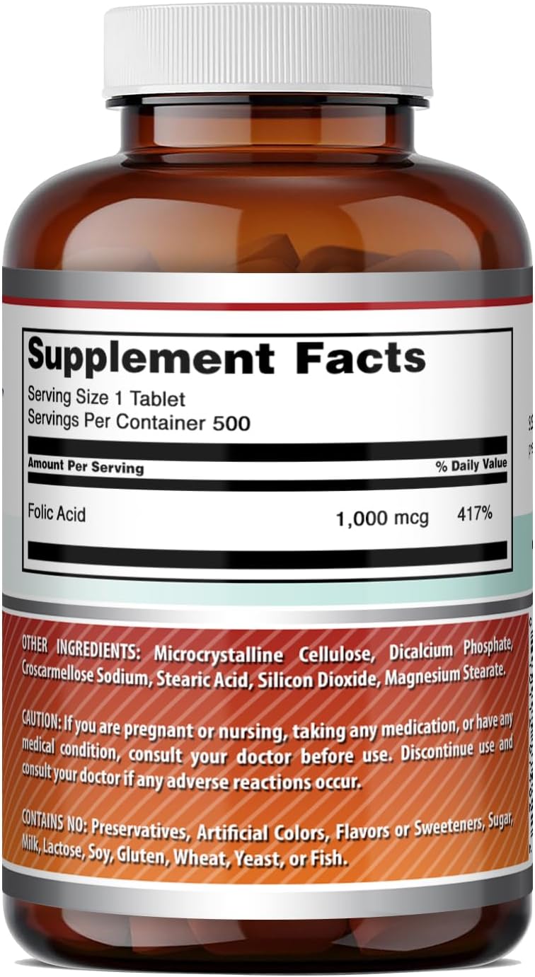 Amazing Formulae Folic Acid 1000 mcg (1 mg) Tablets, 500 Count - görsel 5
